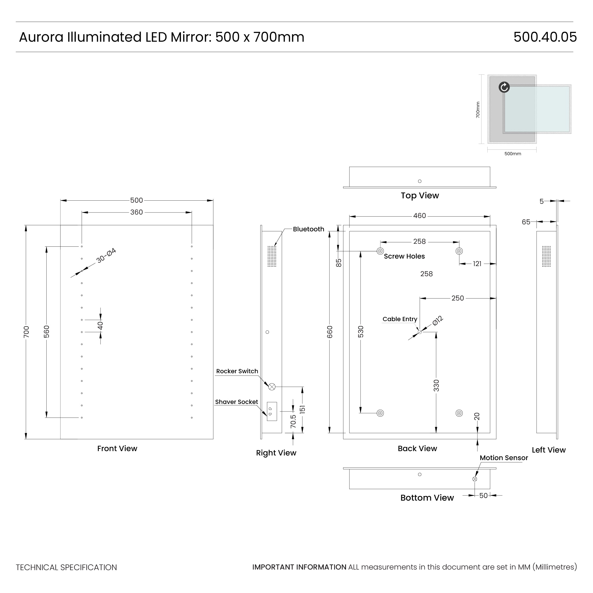 Aurora Bluetooth Audio LED Bathroom Mirror #size_500mm-x-700mm