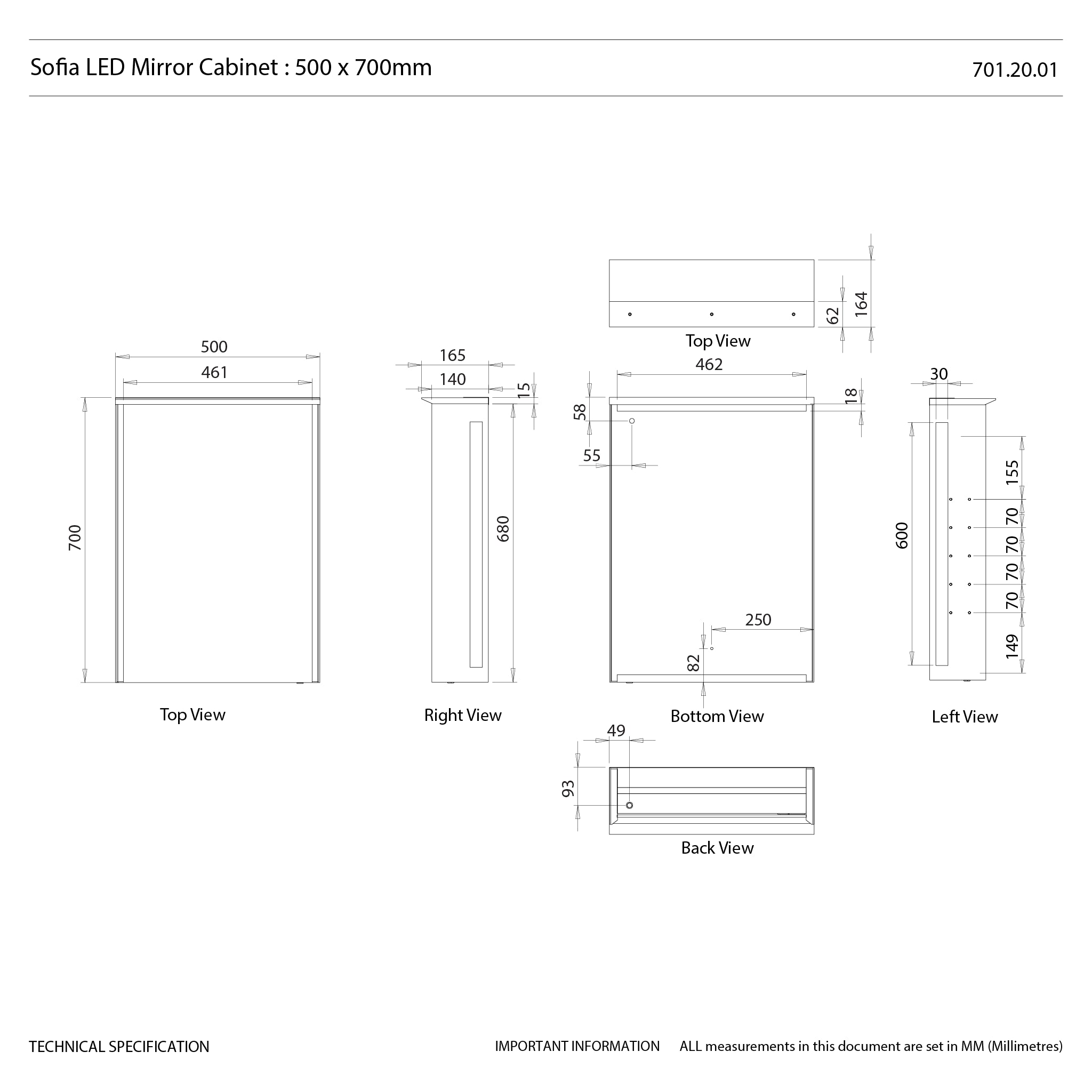 Sofia 500x700mm Single Door LED Cabinet