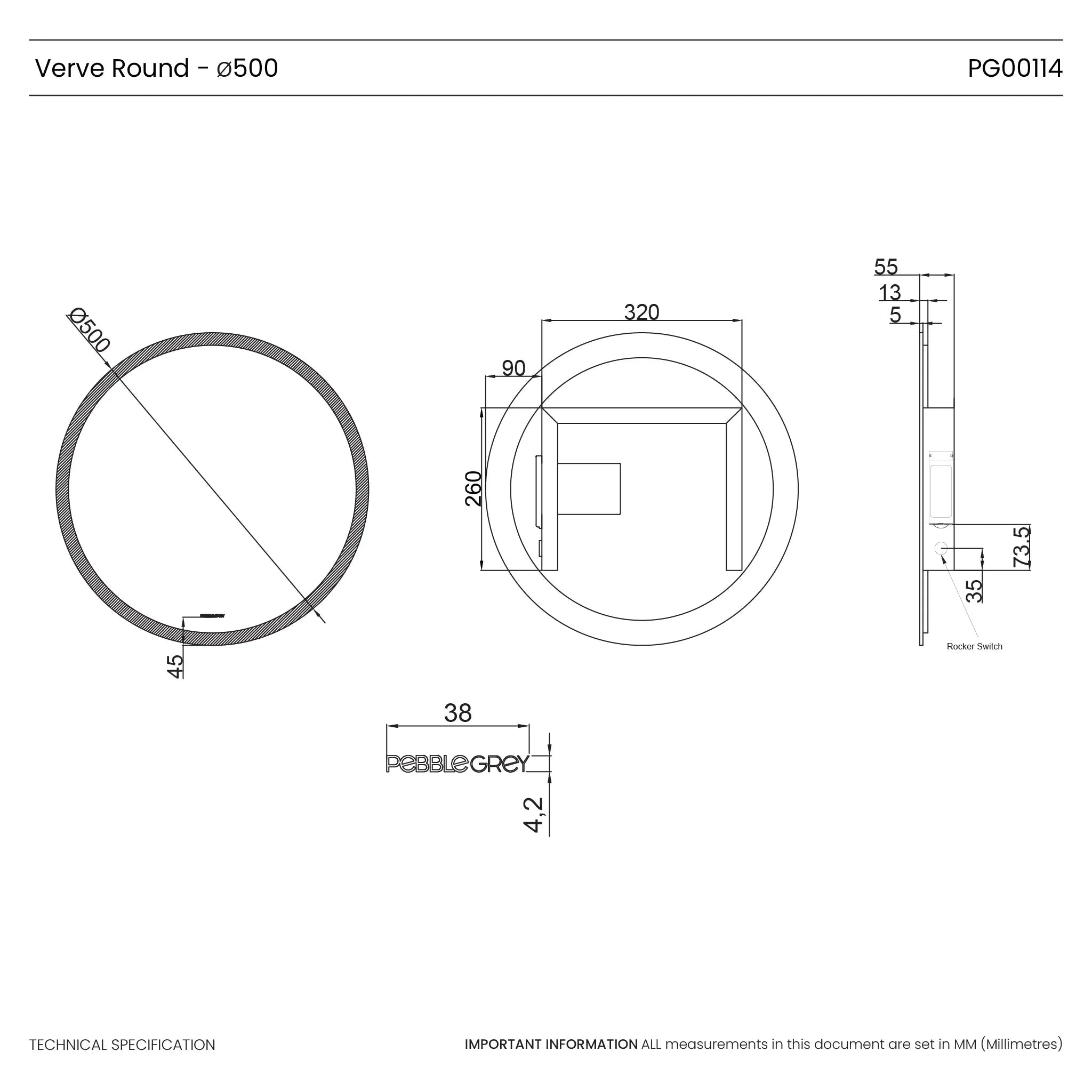 Verve Round Lithium-Ion Battery LED Mirror #size_500mm