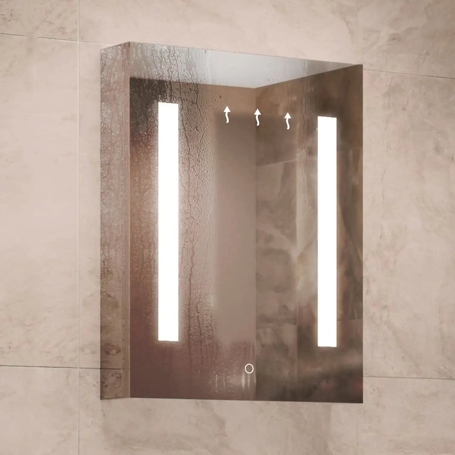 Heated bathroom cabinet with demister pad
