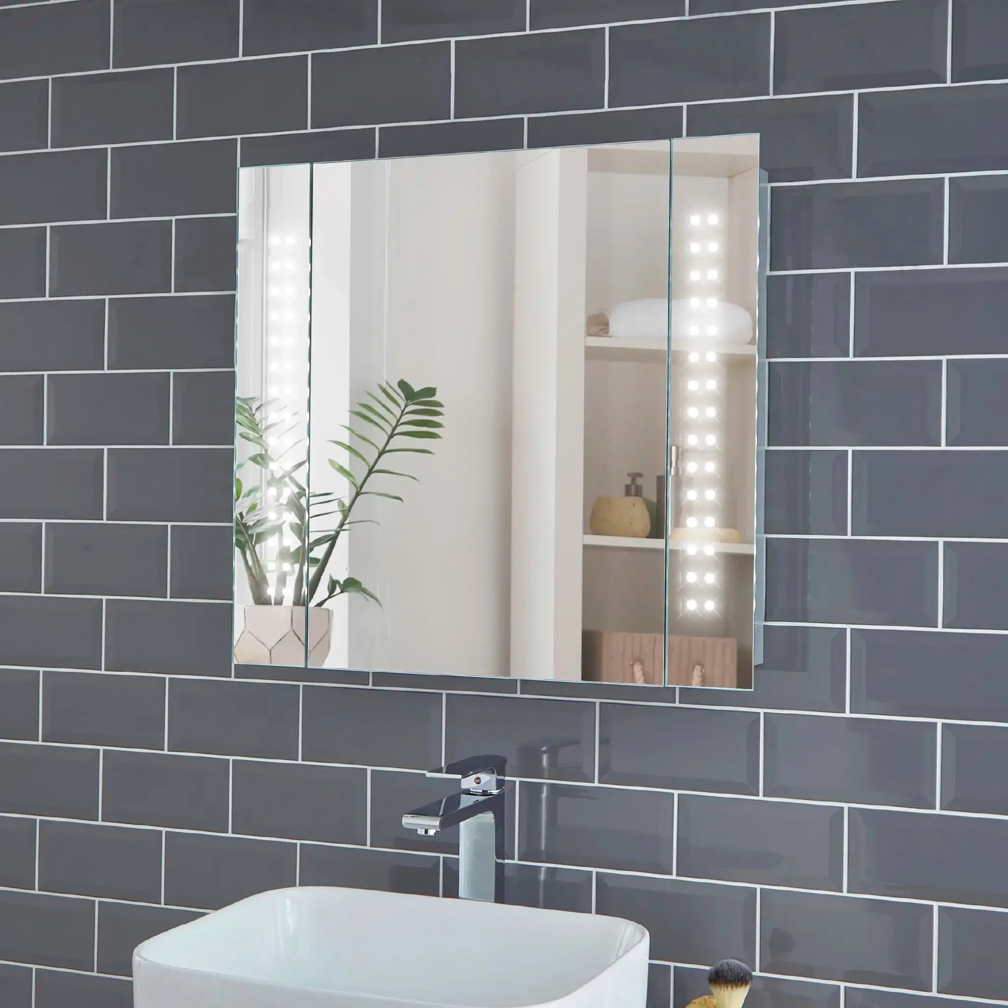 Battery operated deals mirrored bathroom cabinets