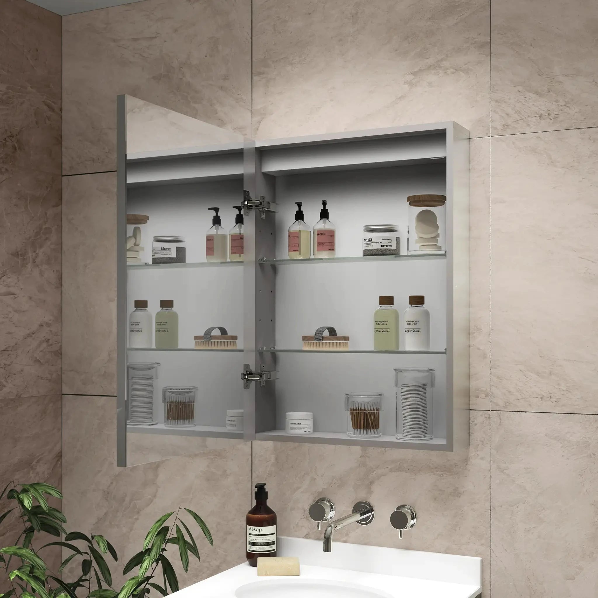 Hollis LED Bathroom Mirror Cabinet Demister Shaver Socket Pebble Grey