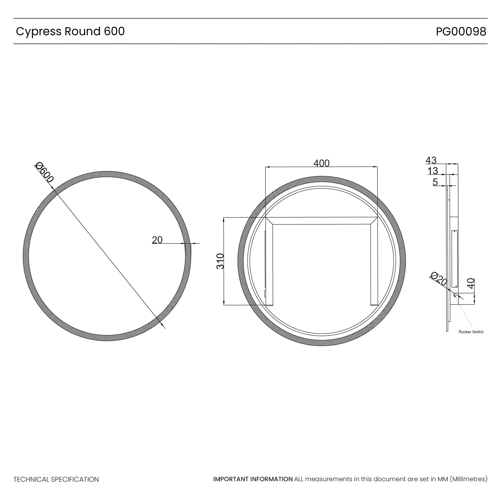 Cypress Round Battery LED Bathroom Mirror #size_600mm