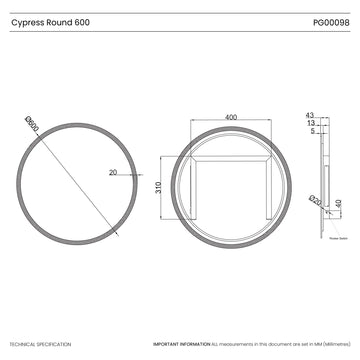 Cypress Round Battery LED Bathroom Mirror #size_600mm