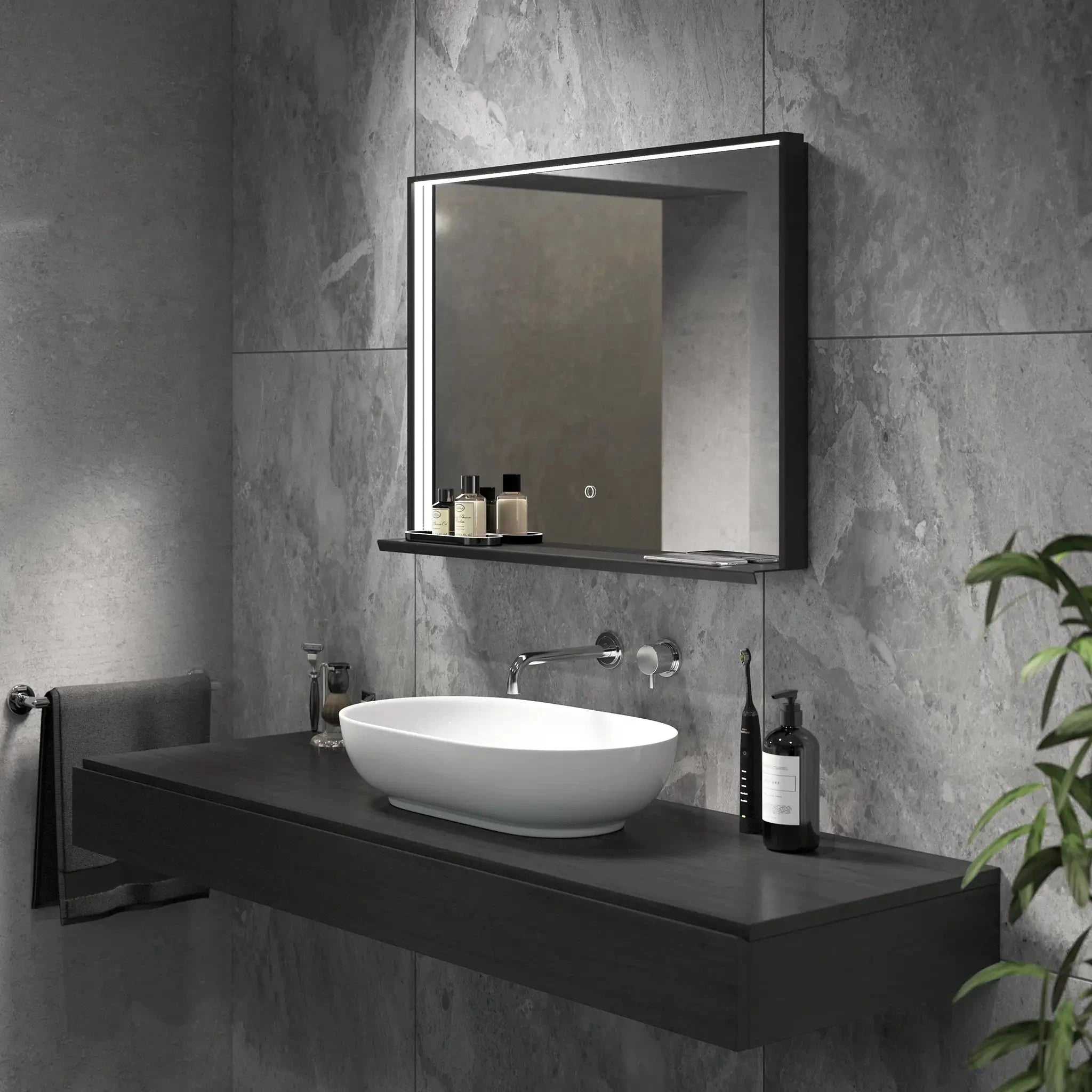 Bathroom mirror with shelf and light deals