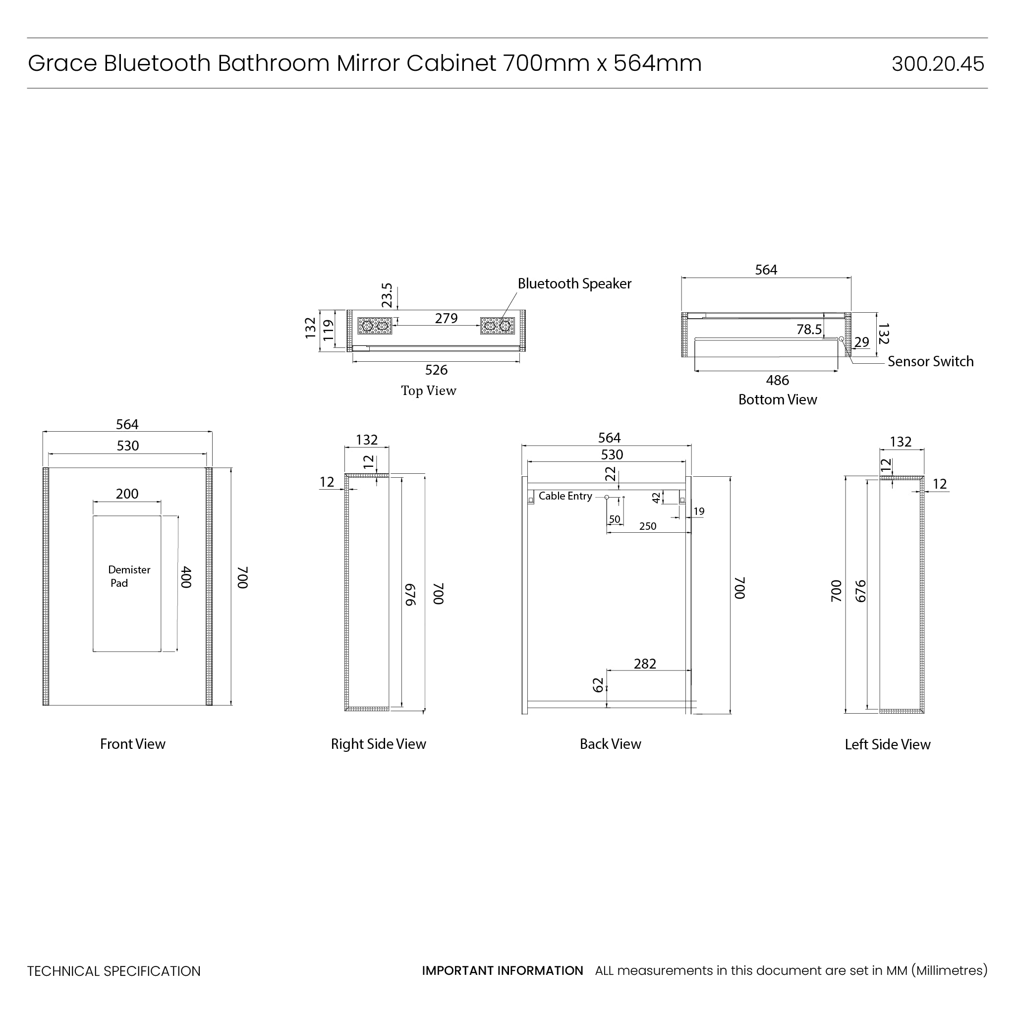 Grace Bluetooth 564x700mm LED Bathroom Mirror Cabinet
