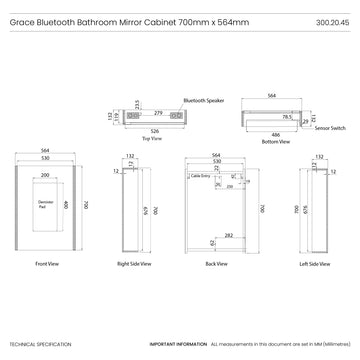 Grace Bluetooth LED Bathroom Mirror Cabinet #size_564mm-x-700mm