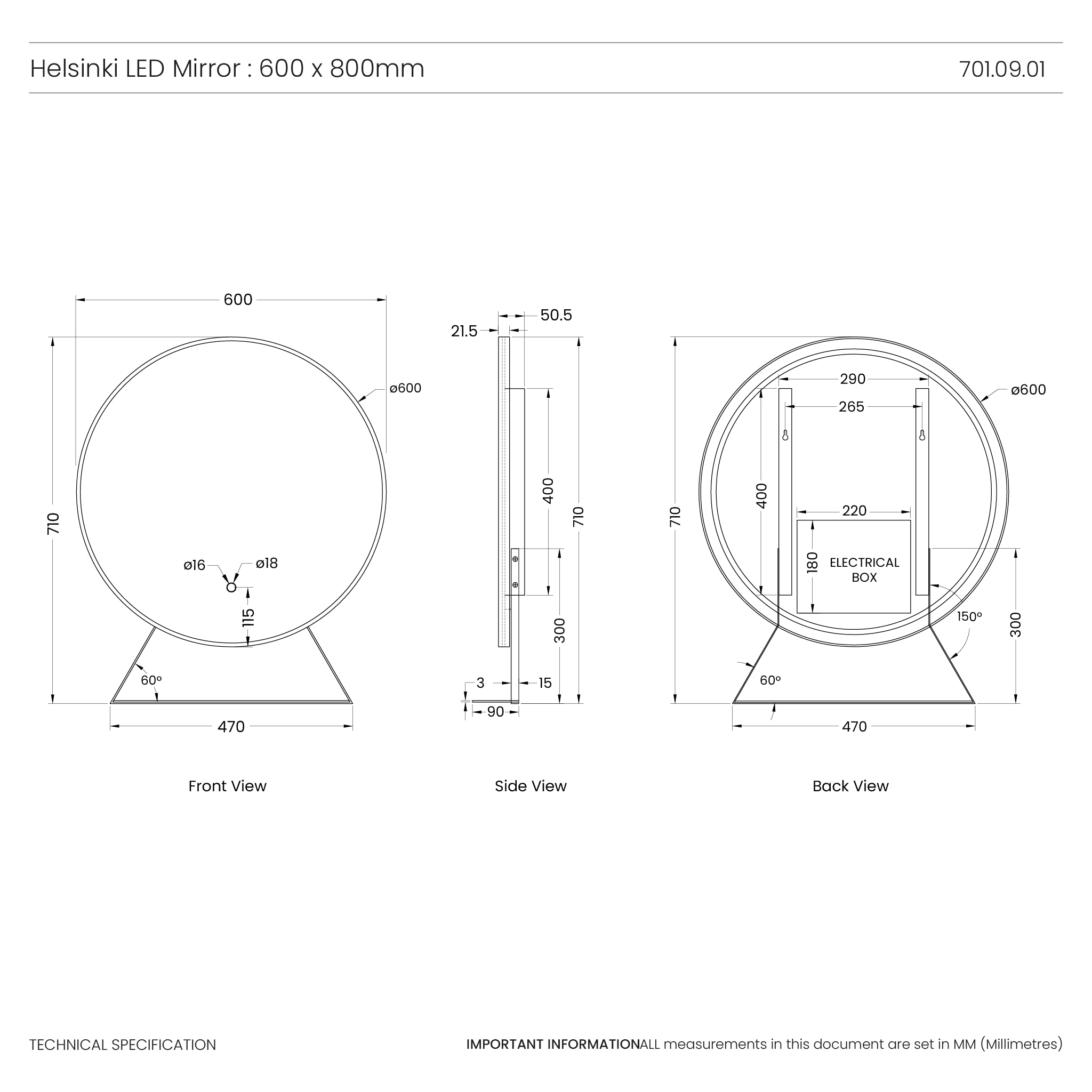 Helsinki Black LED Mirror