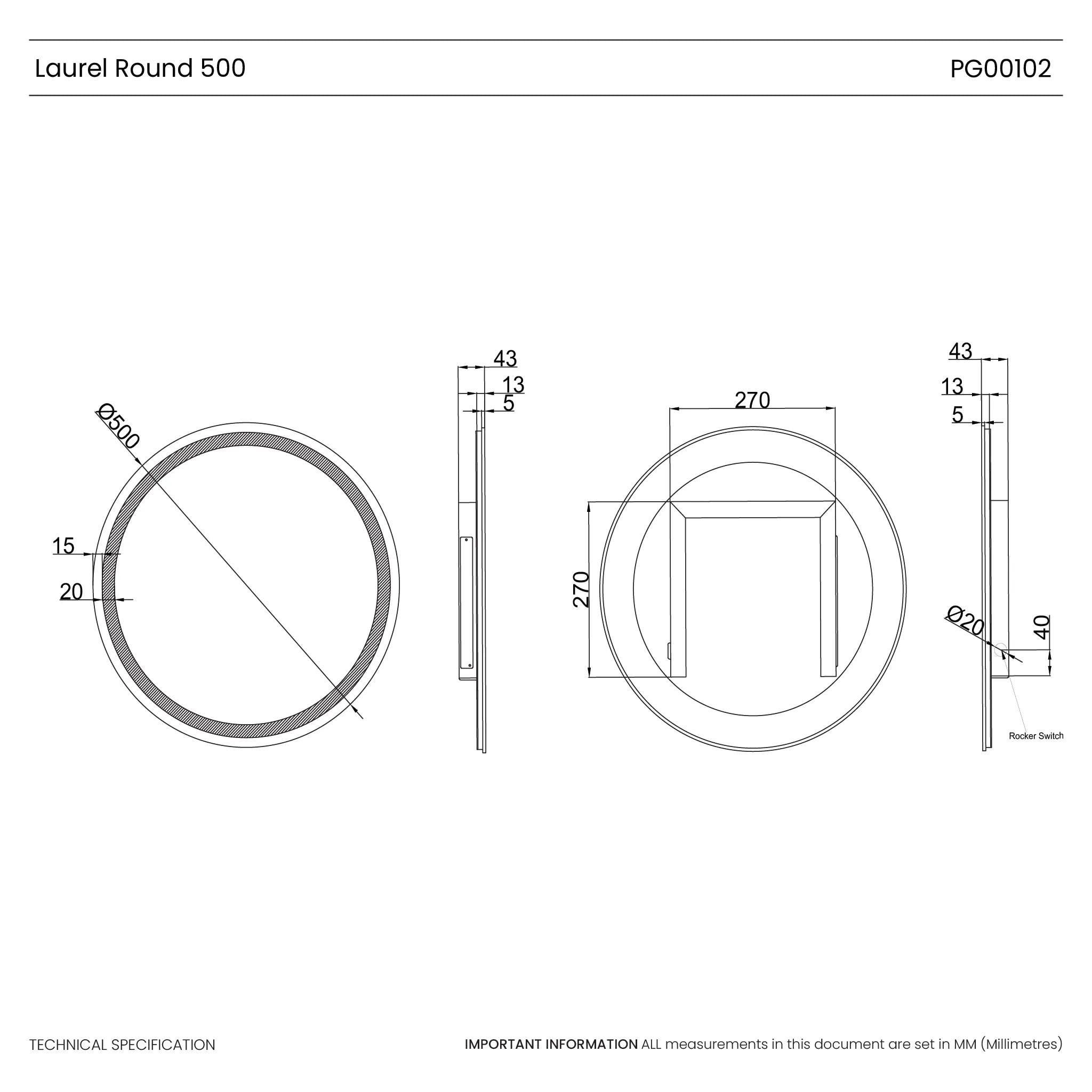 Laurel Round Battery LED Bathroom Mirror #size_500mm