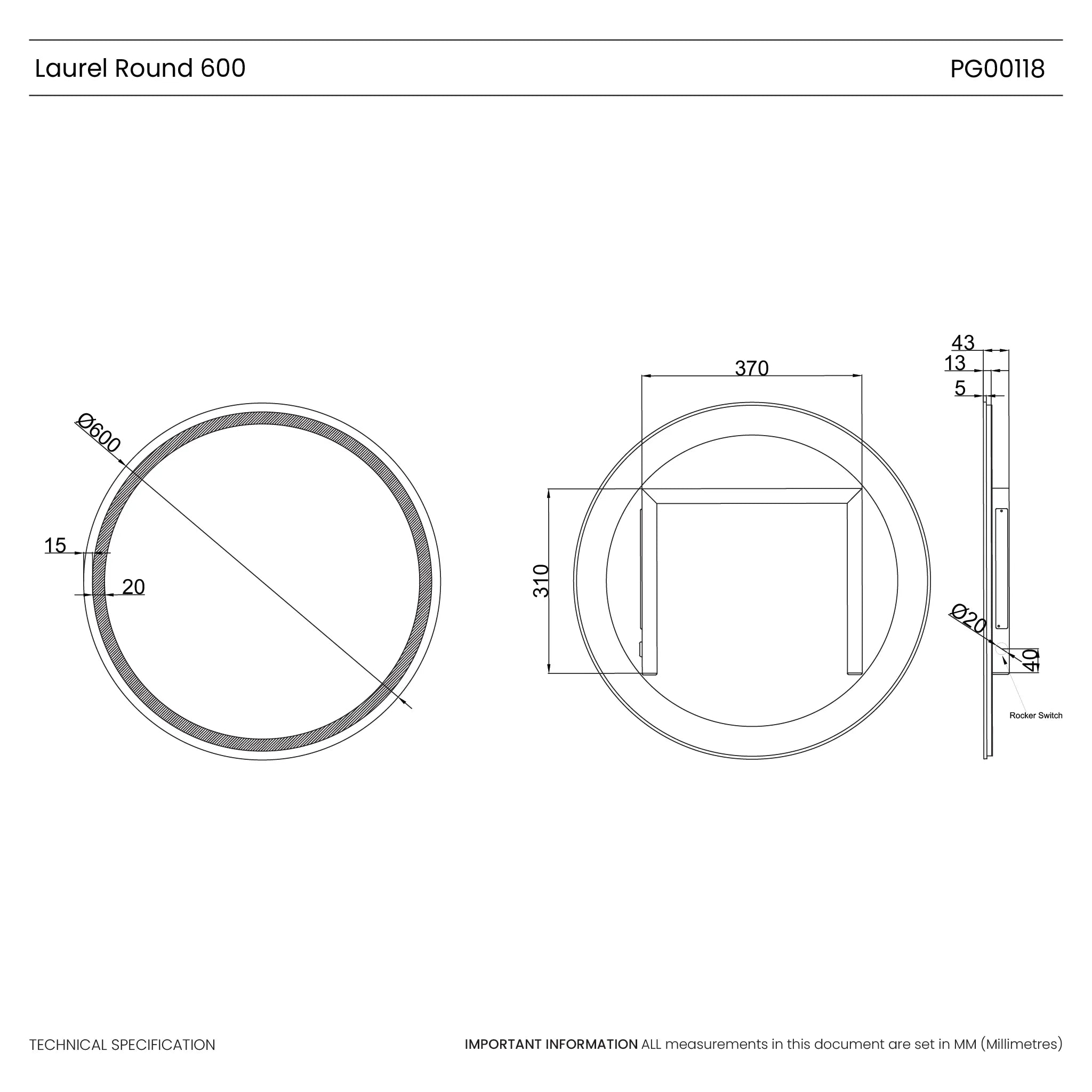 Laurel Round Battery LED Bathroom Mirror #size_600mm