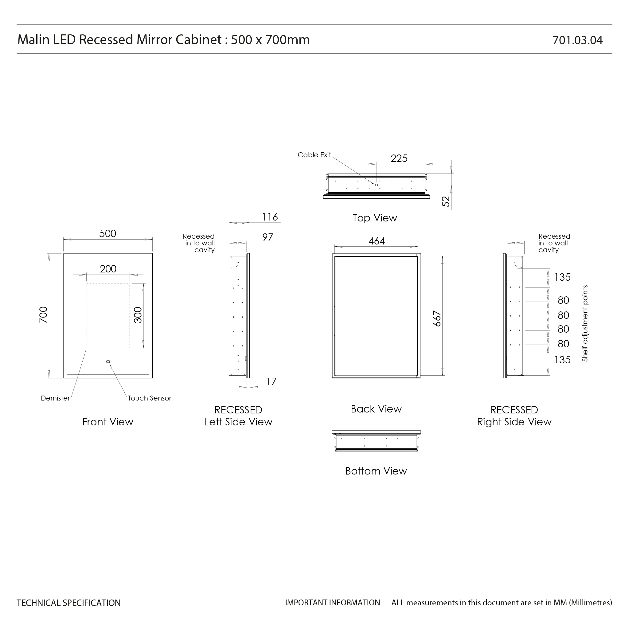 Malin Single Door 500x700mm Recessed LED Cabinet