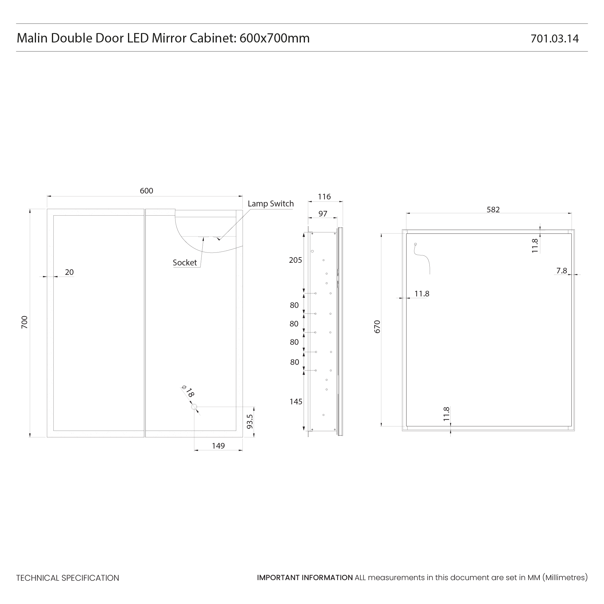 Malin Double Door 600x700mm Recessed LED Cabinet