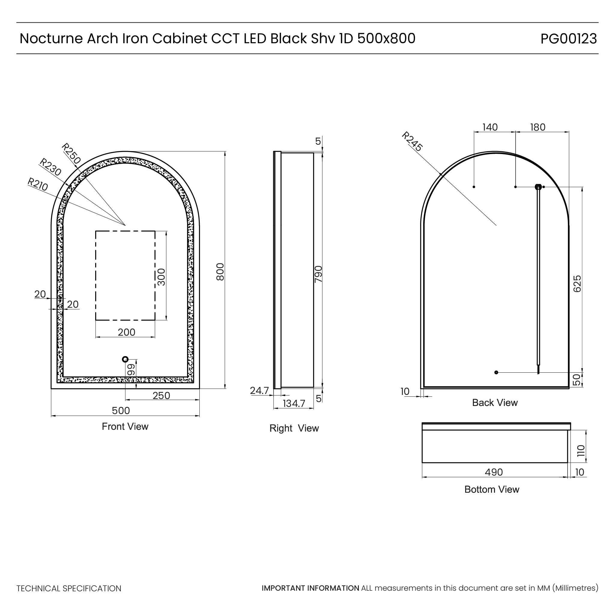 Nocturne Arch Black LED Bathroom Mirror Cabinet