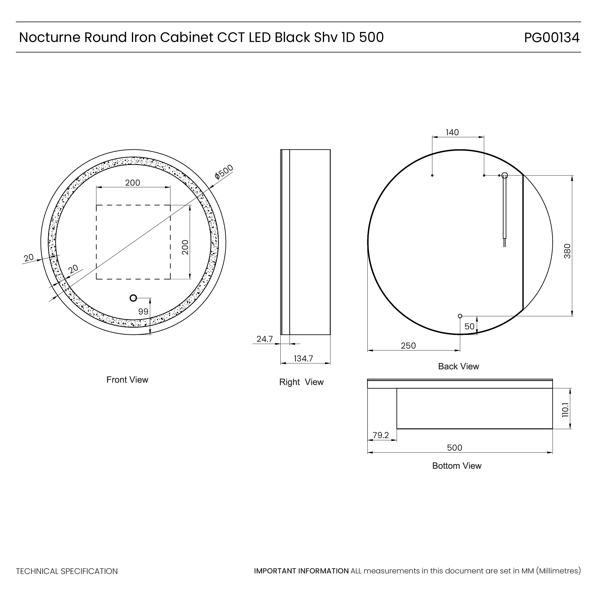 Nocturne Round Black LED Bathroom Mirror Cabinet #size_500mm