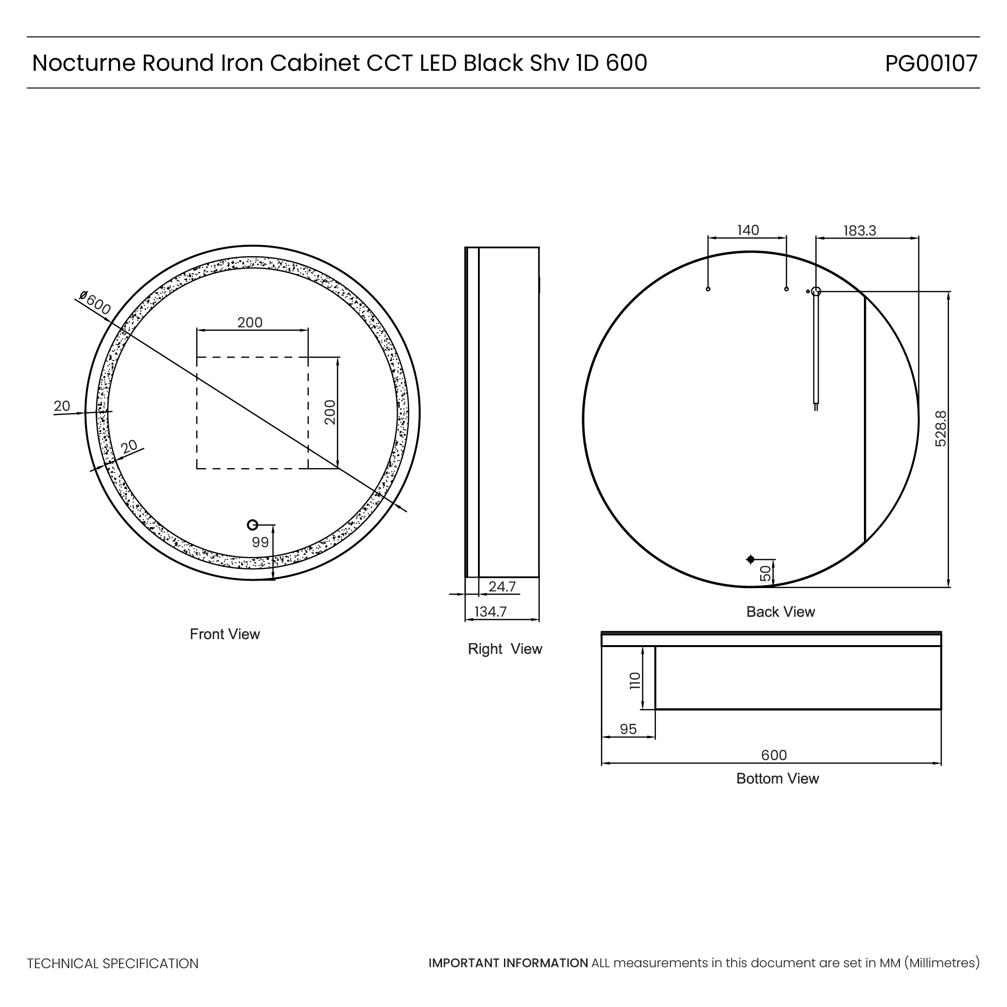 Nocturne Round Black LED Bathroom Mirror Cabinet #size_600mm