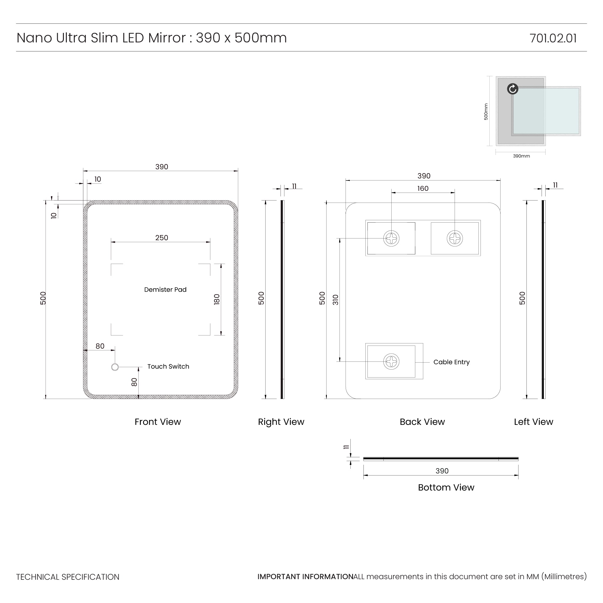 Nano Ultra-slim LED Bathroom Mirror #size_390mm-x-500mm