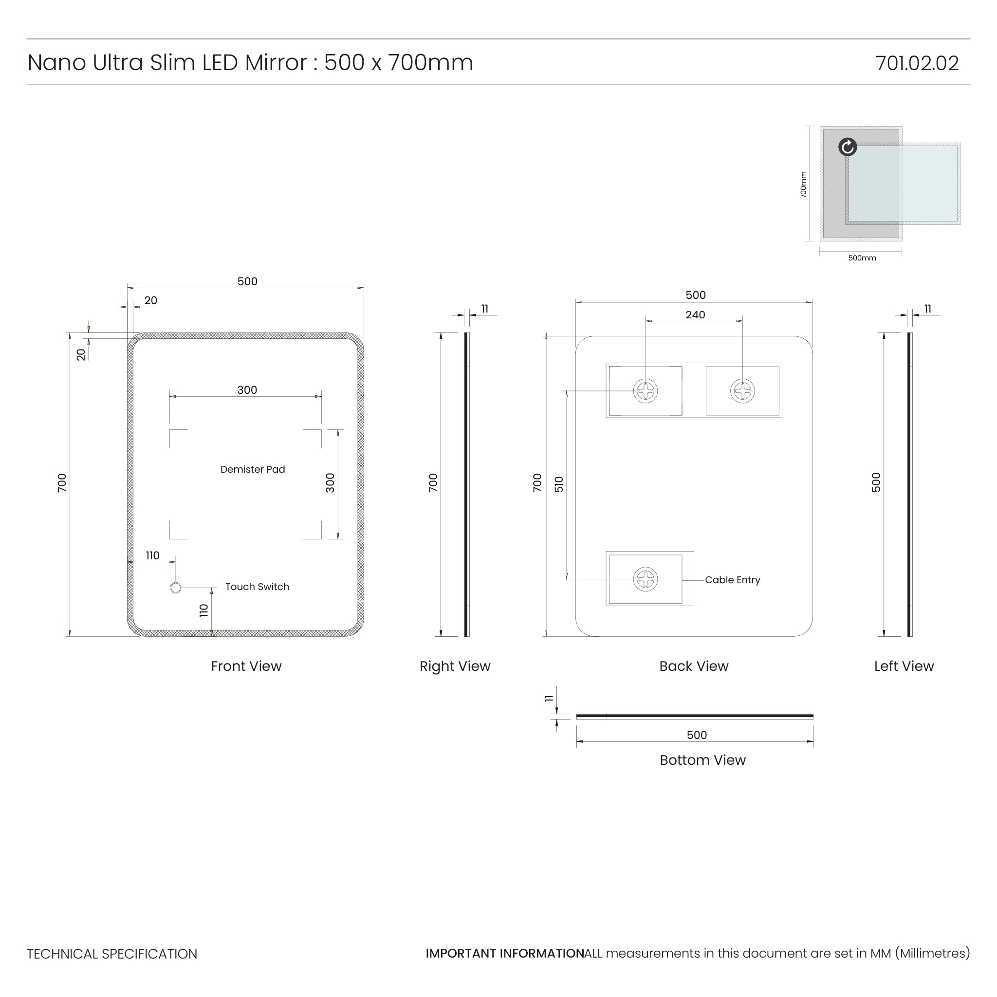 Nano Ultra-slim LED Bathroom Mirror #size_500mm-x-700mm