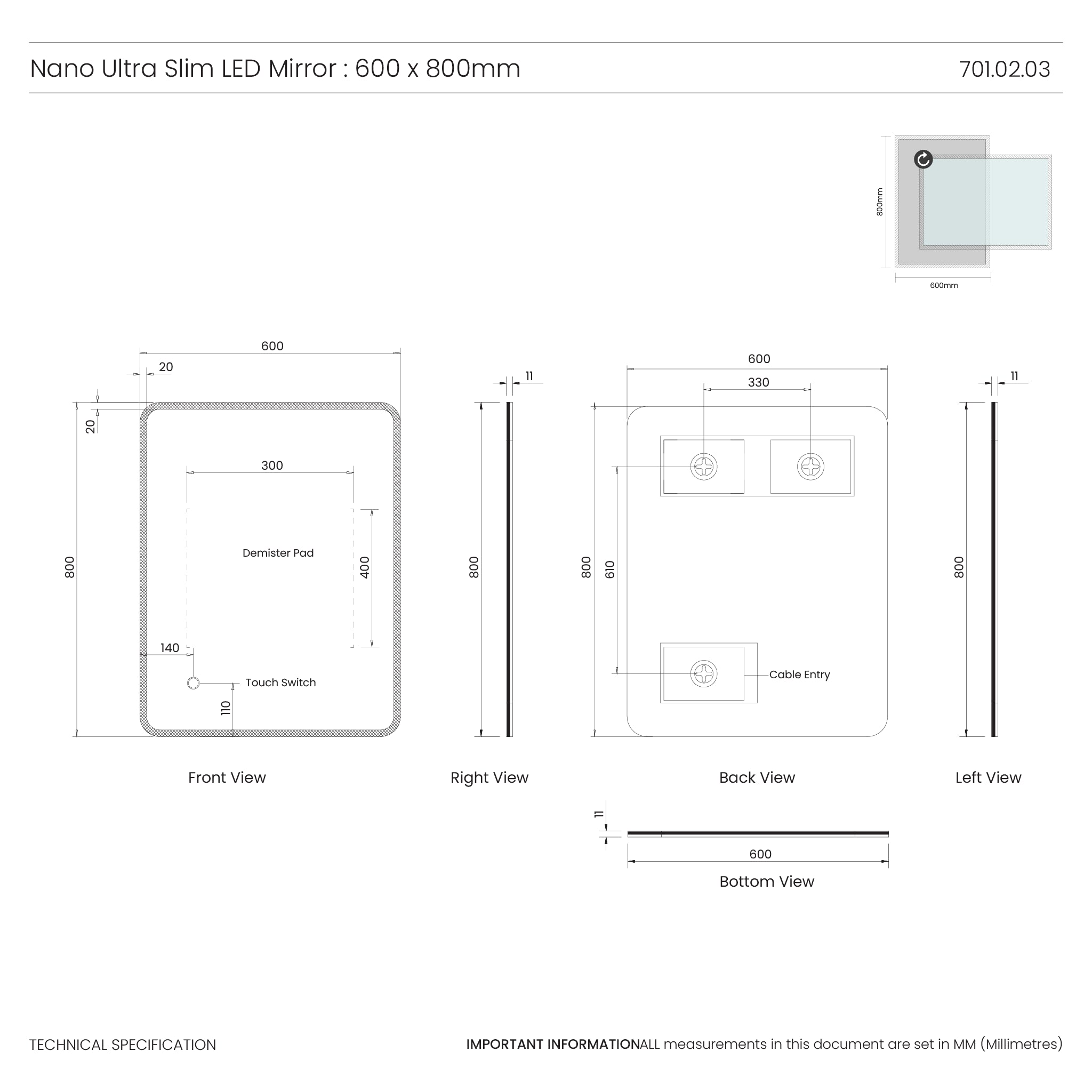 Nano Ultra-slim LED Bathroom Mirror #size_800mm-x-600mm