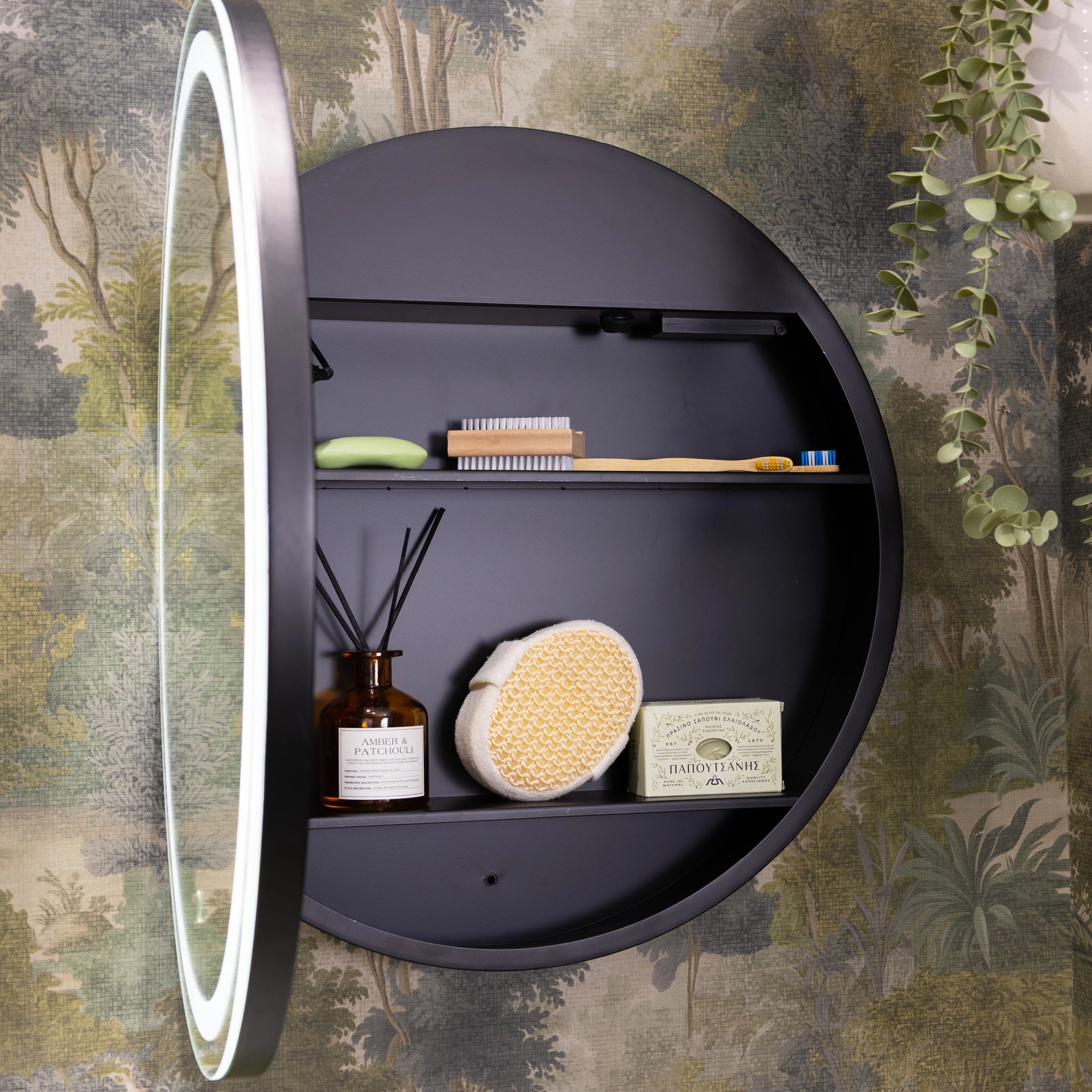 Nocturne Round Black LED Bathroom Mirror Cabinet #size_600mm