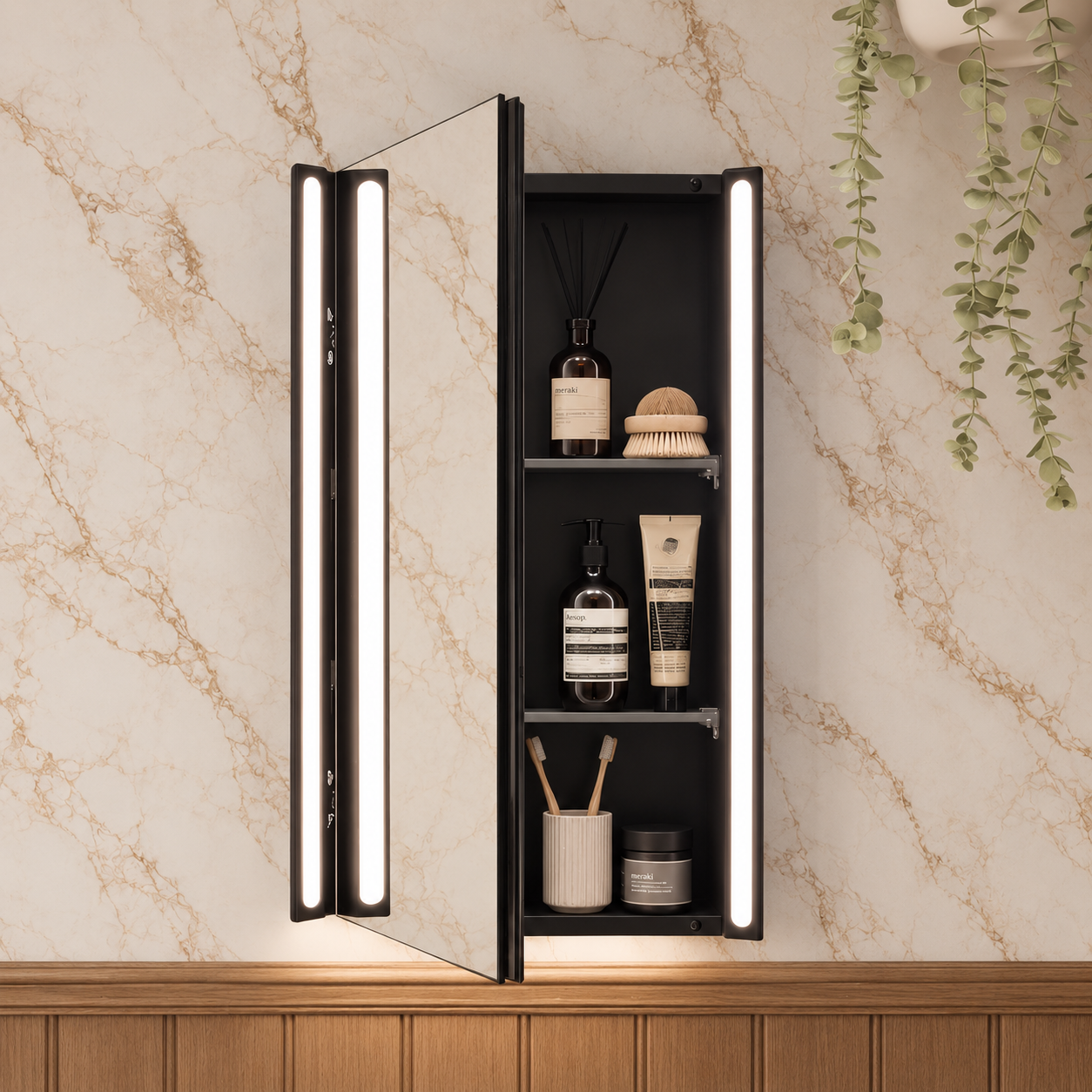 Titan Matt Black LED Rectangular Bathroom Mirror Cabinet 500 x 700mm