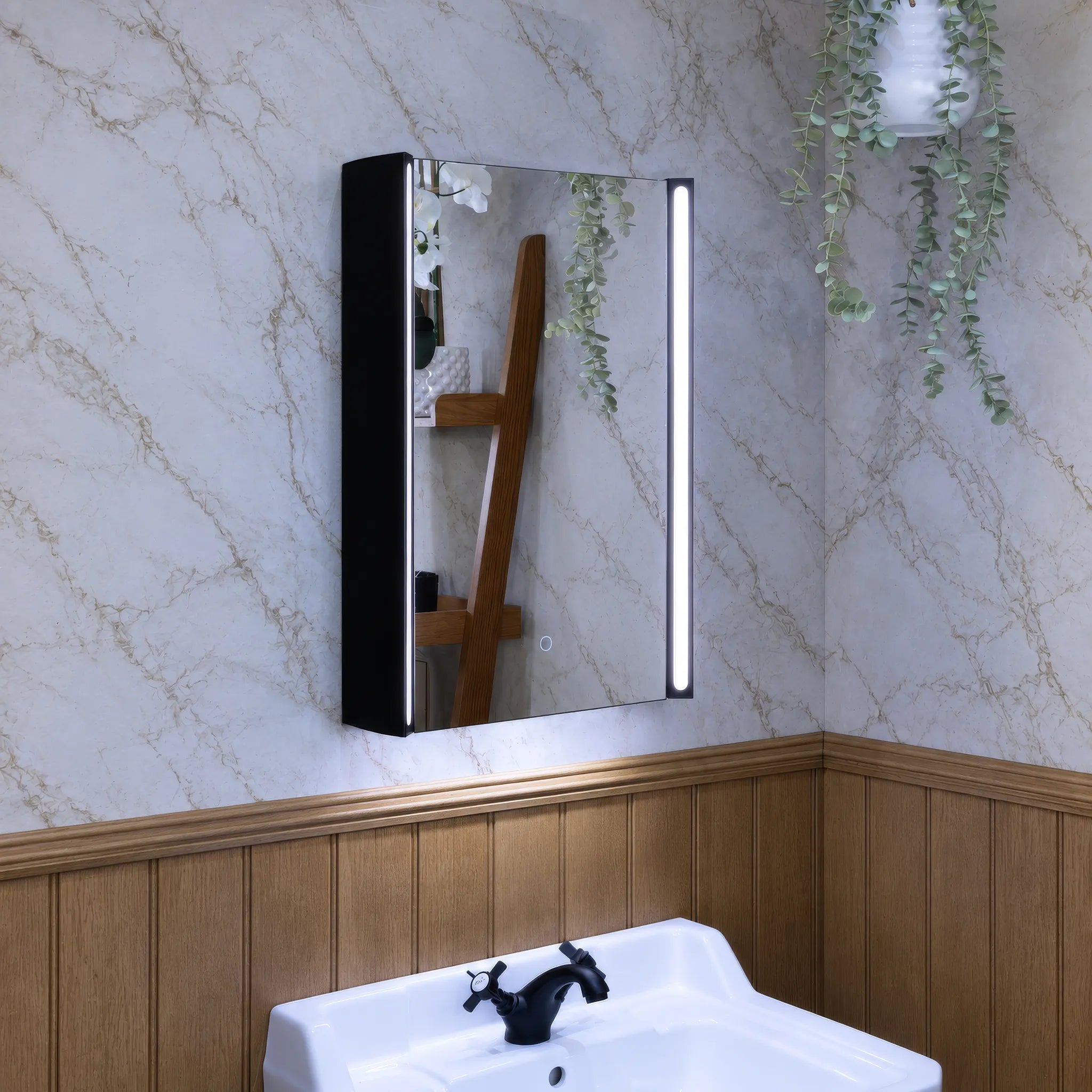 Titan Matt Black LED bathroom mirror cabinet 500mm x 700mm, in cool white light