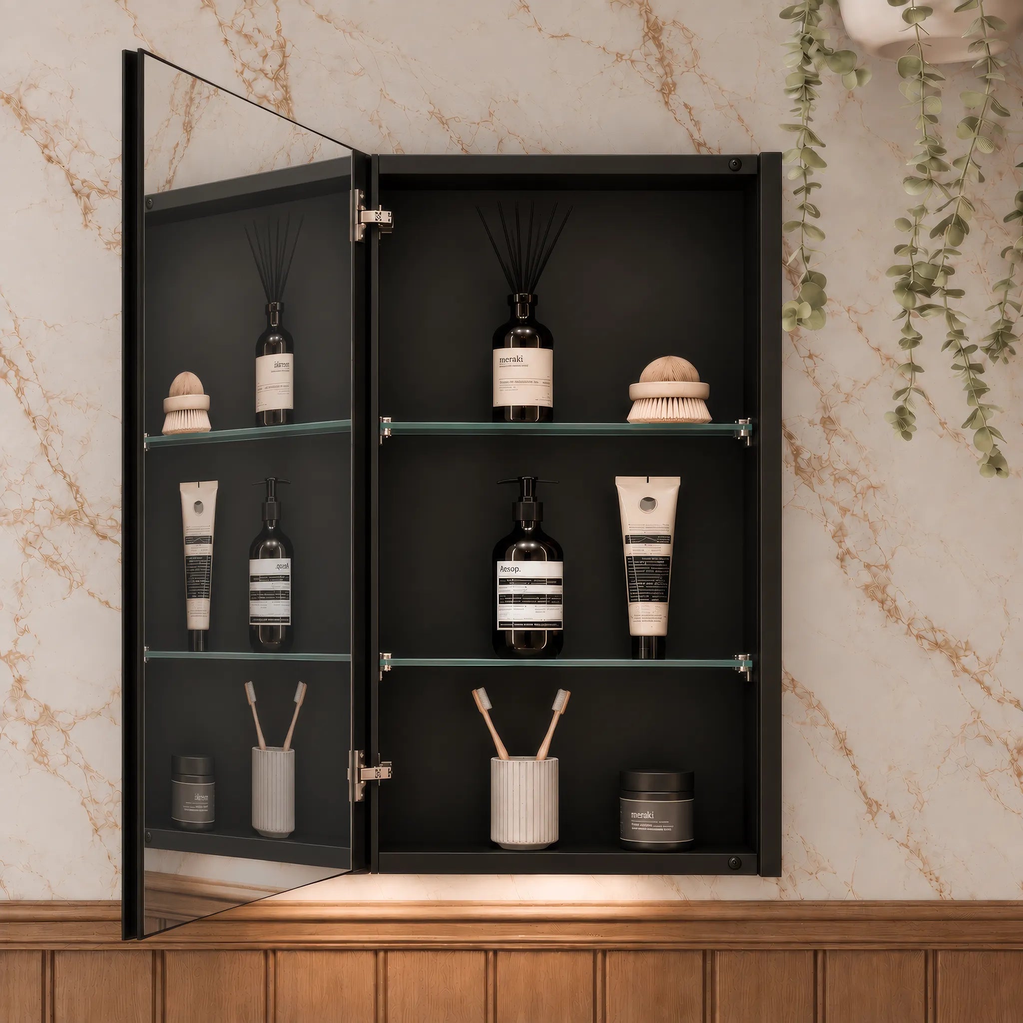 Titan Matt Black LED bathroom mirror cabinet 500mm x 700mm, with door open, view 2