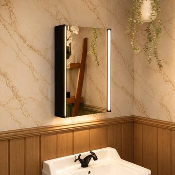 Titan Matt Black LED bathroom mirror cabinet 500mm x 700mm, in warm white light