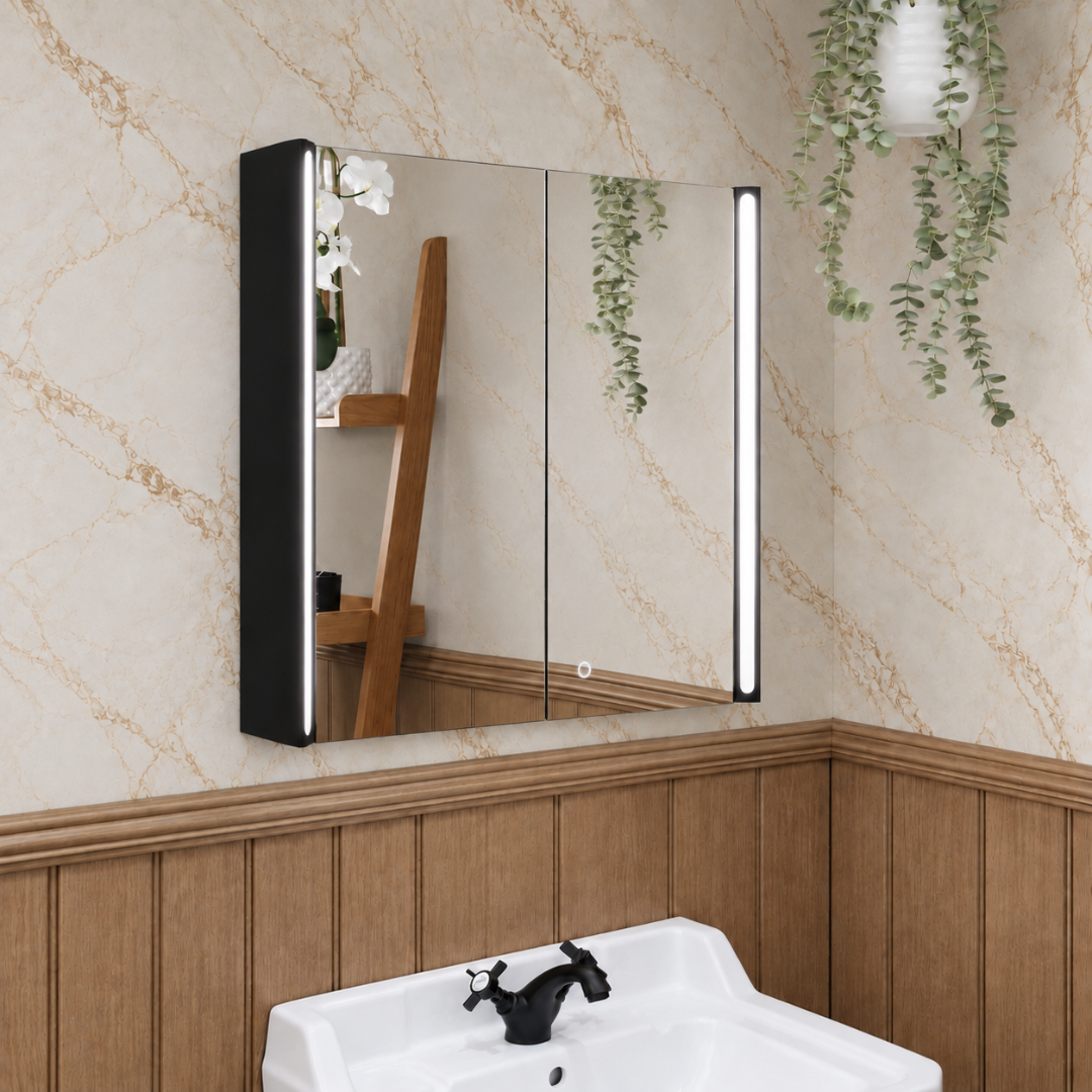Titan Matt Black LED Rectangular Bathroom Mirror Cabinet 600 x 700mm