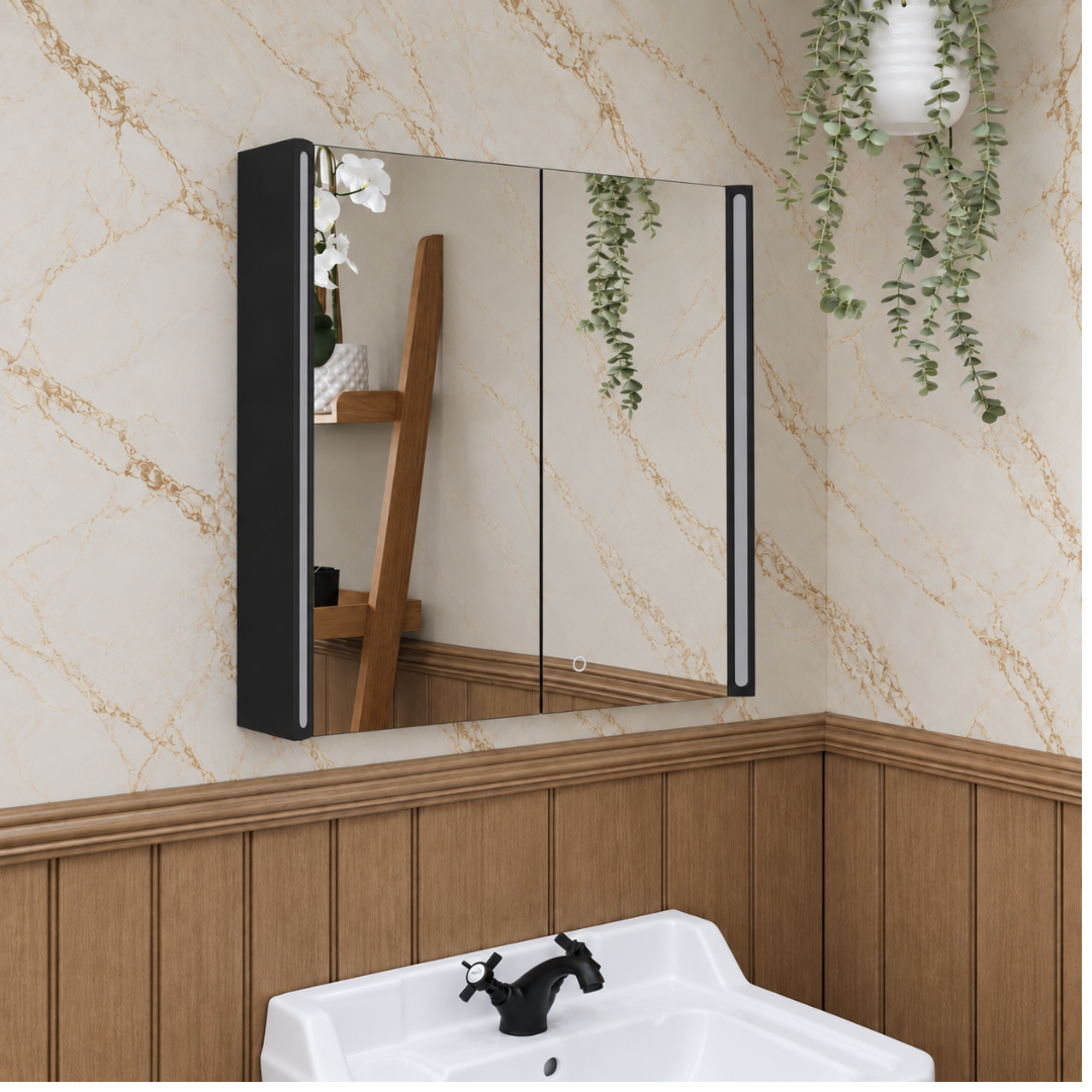 Titan Matt Black LED Rectangular Bathroom Mirror Cabinet 600 x 700mm