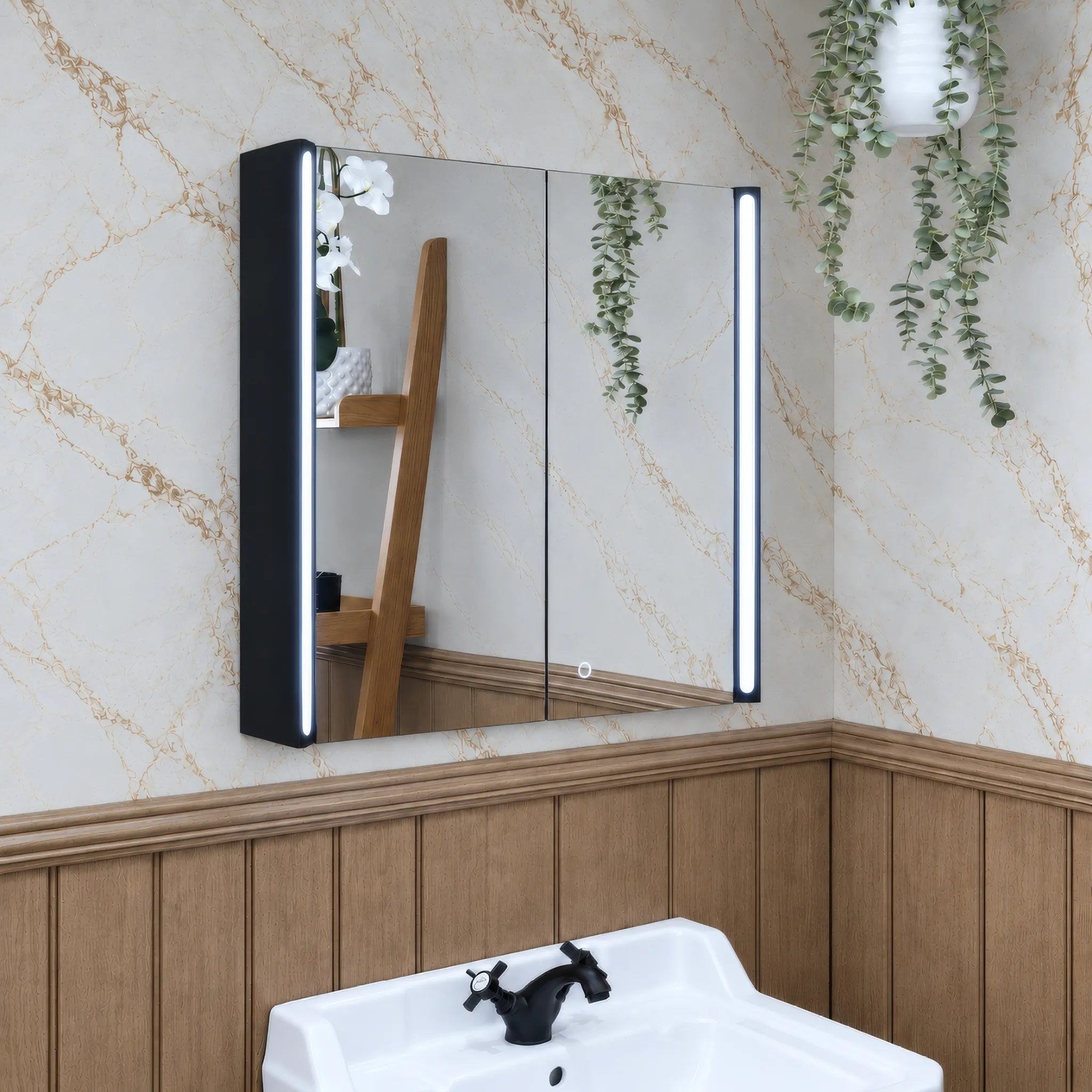 Titan Matt Black LED Rectangular Bathroom Mirror Cabinet 600 x 700mm