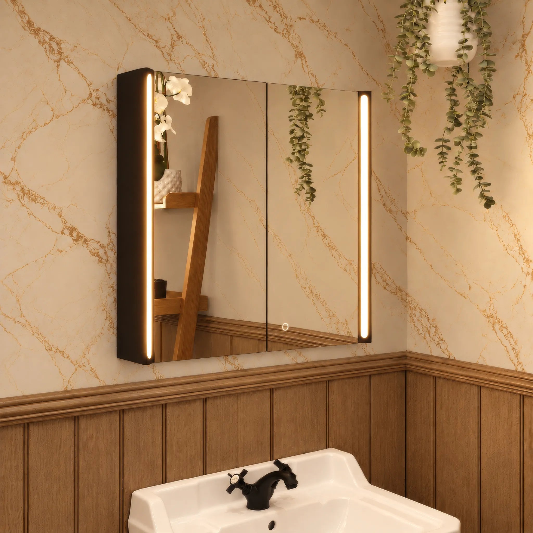 Titan Matt Black LED Rectangular Bathroom Mirror Cabinet 600 x 700mm