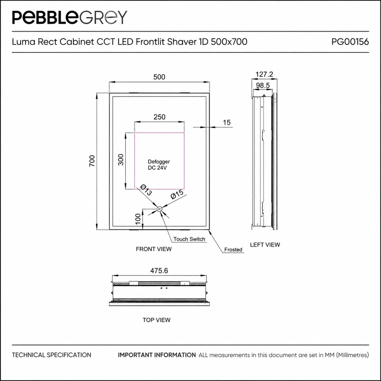 Luma Single Door LED Recessed Bathroom Mirror Cabinet 500 x 700mm
