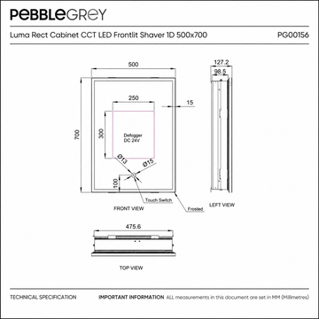 Luma Single Door LED Recessed Bathroom Mirror Cabinet 500 x 700mm