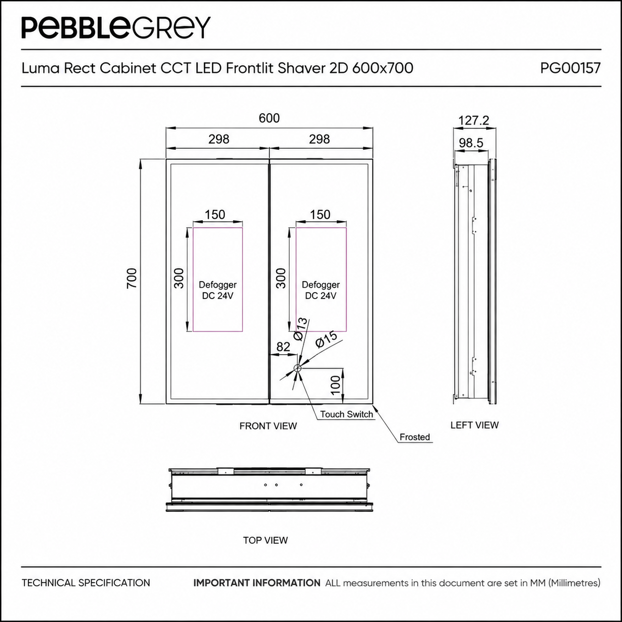 Luma Double Door LED Recessed Bathroom Mirror Cabinet 600 x 700mm