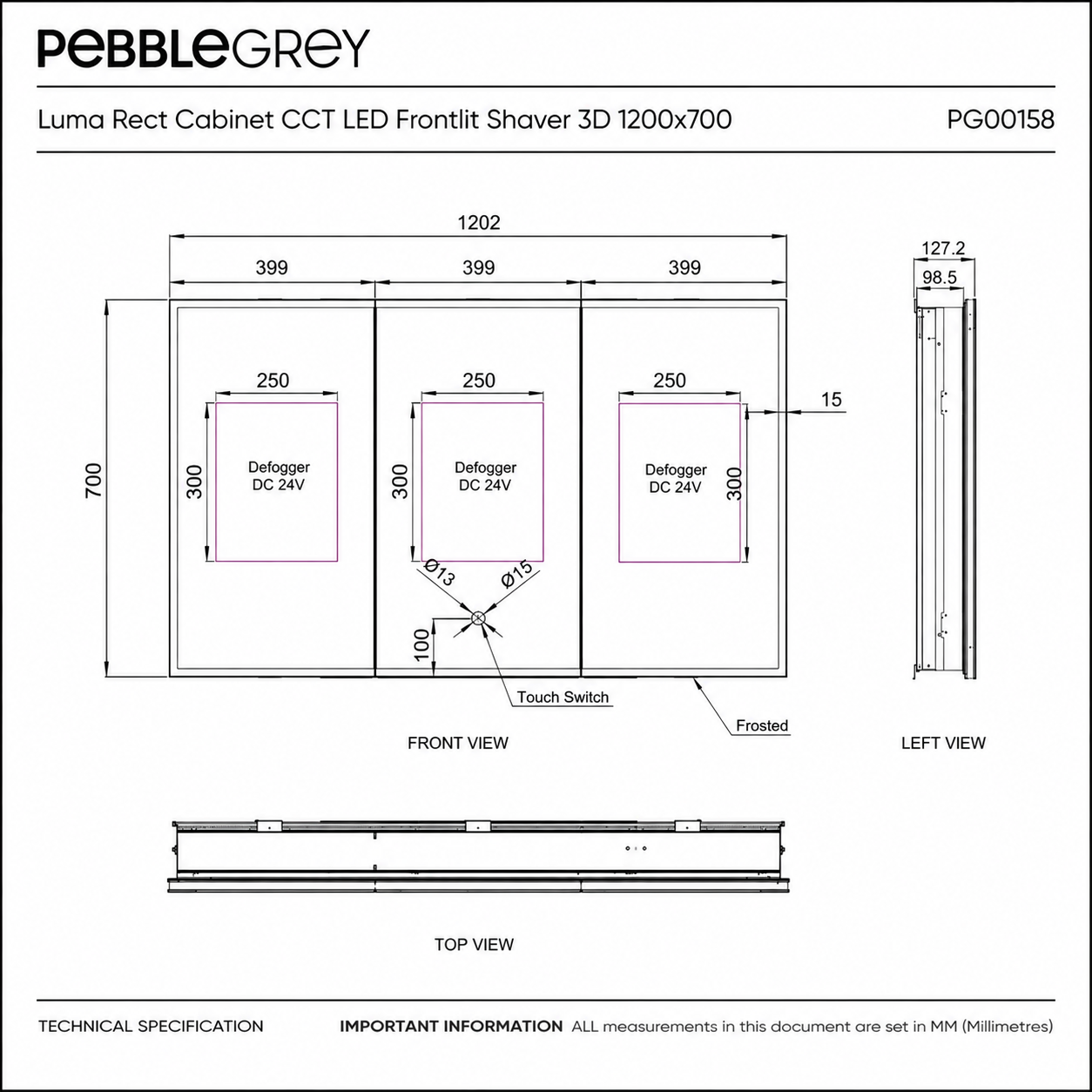 Luma Triple Door LED Recessed Bathroom Mirror Cabinet 1200 x 700mm