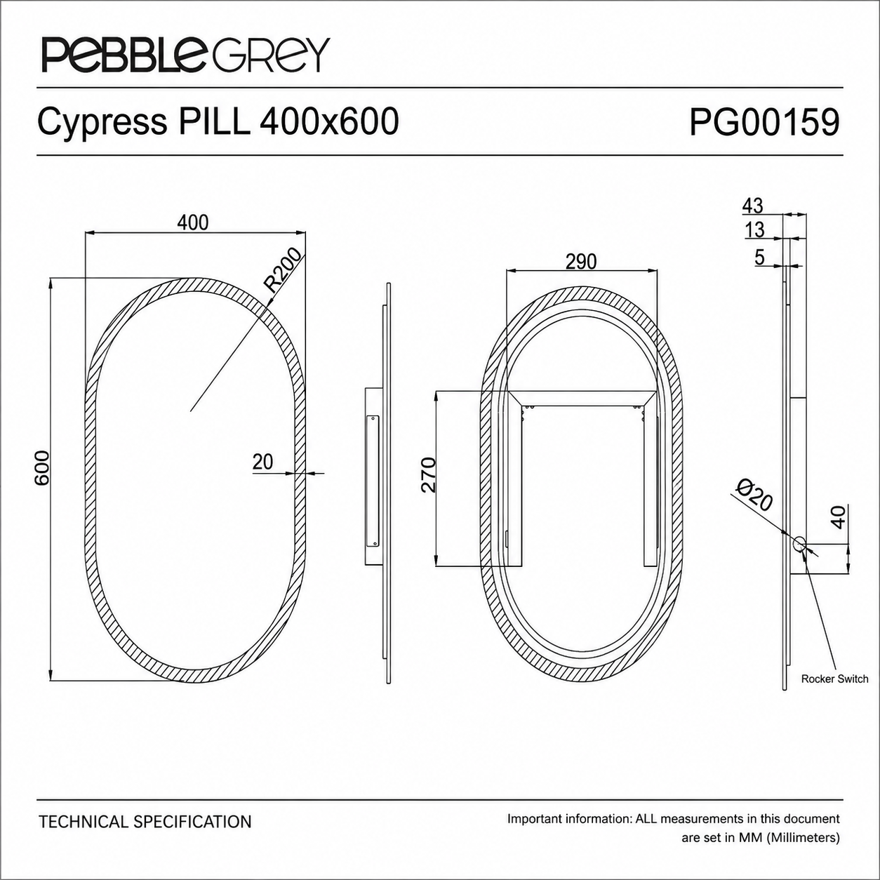 Cypress Pill Battery LED Bathroom Mirror 600 x 400mm