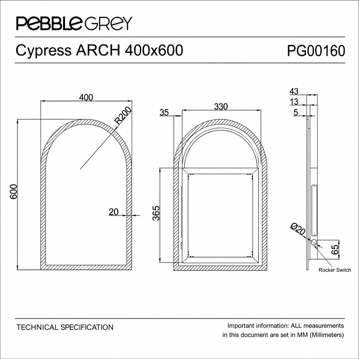 Cypress Arch Battery LED Bathroom Mirror 600 x 400mm
