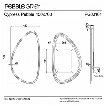 Cypress Pebble Battery LED Bathroom Mirror 700 x 450mm
