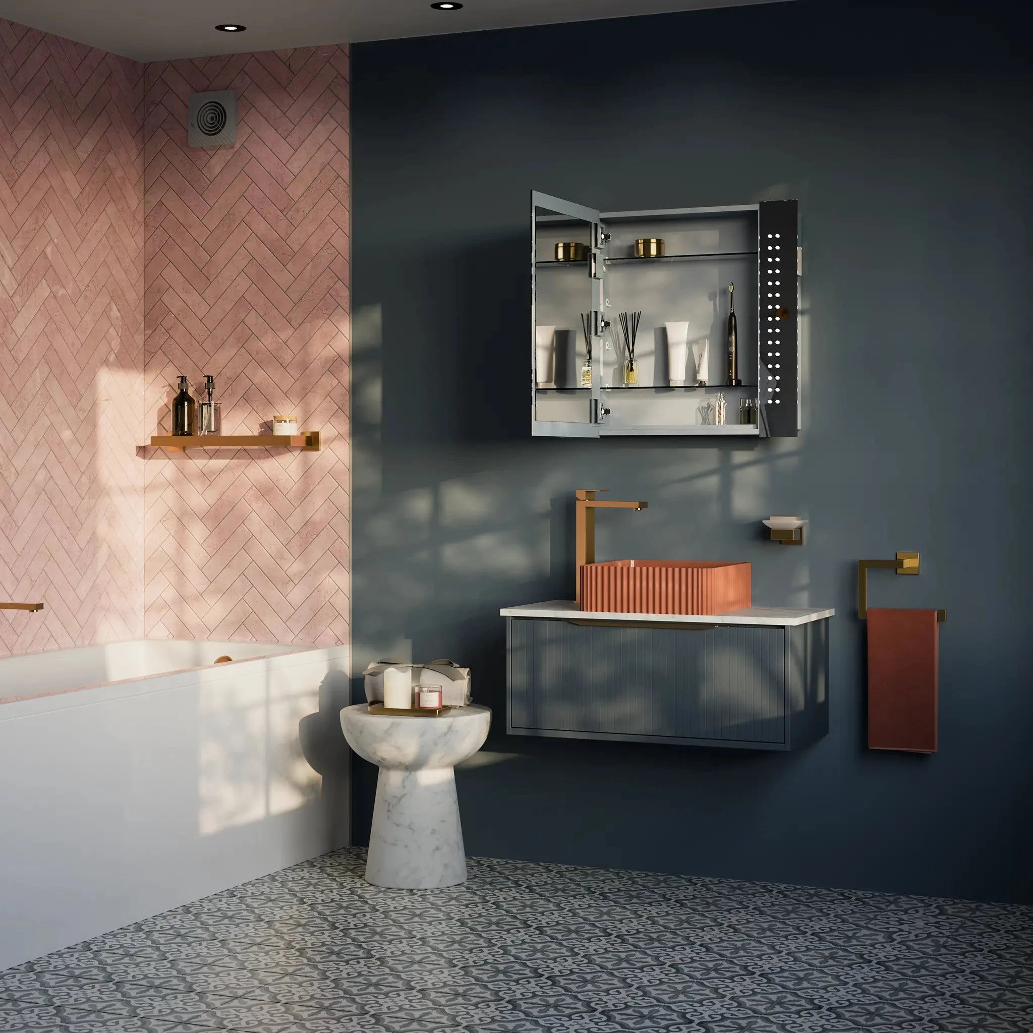 Corner bathroom cabinet with cheap light and shaver socket