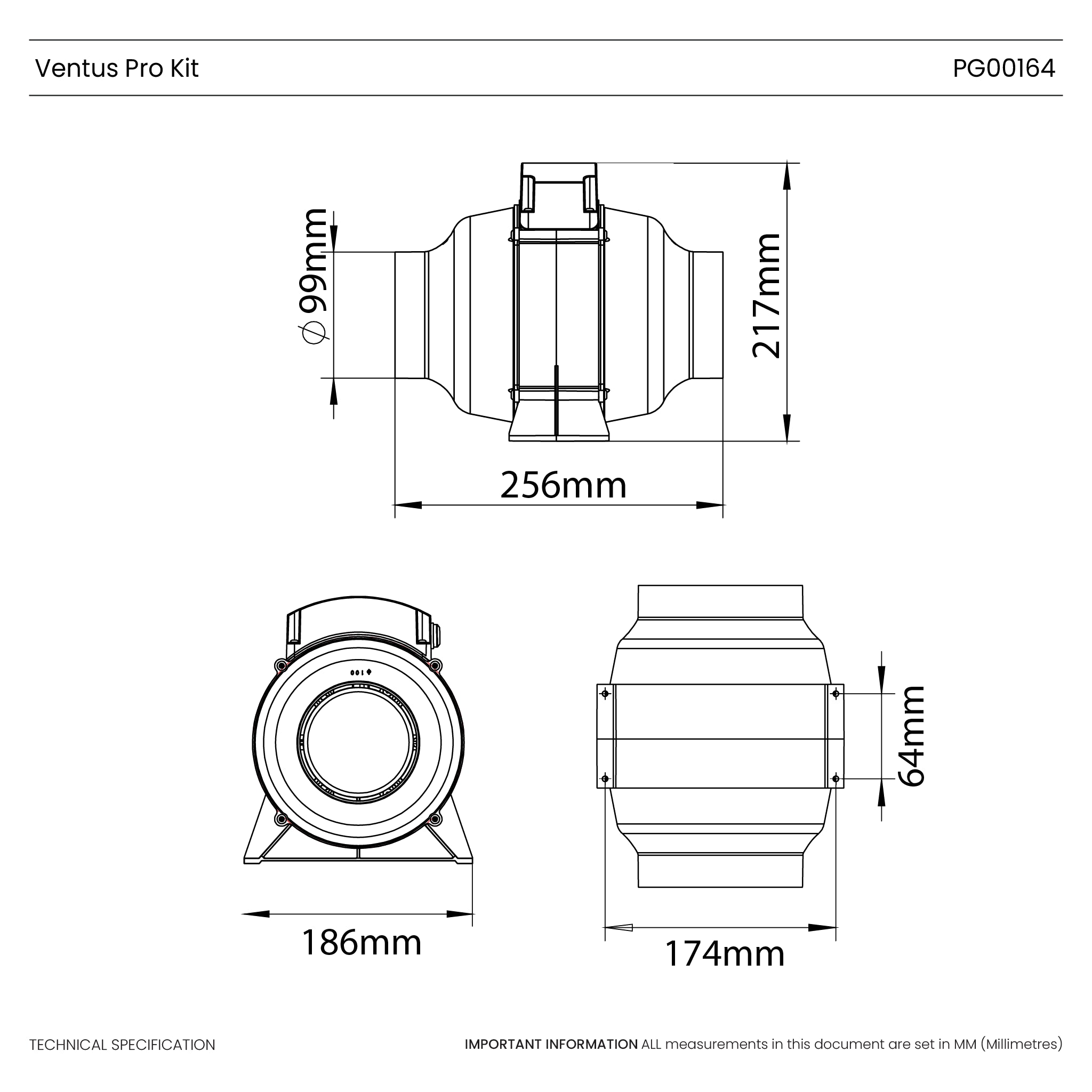 Ventus Pro Inline Bathroom Extractor Fan with Kit - 100mm (4")