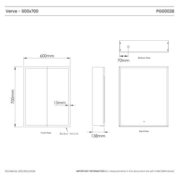 Verve Rechargeable Battery LED Mirror Cabinet 600mm x 700mm