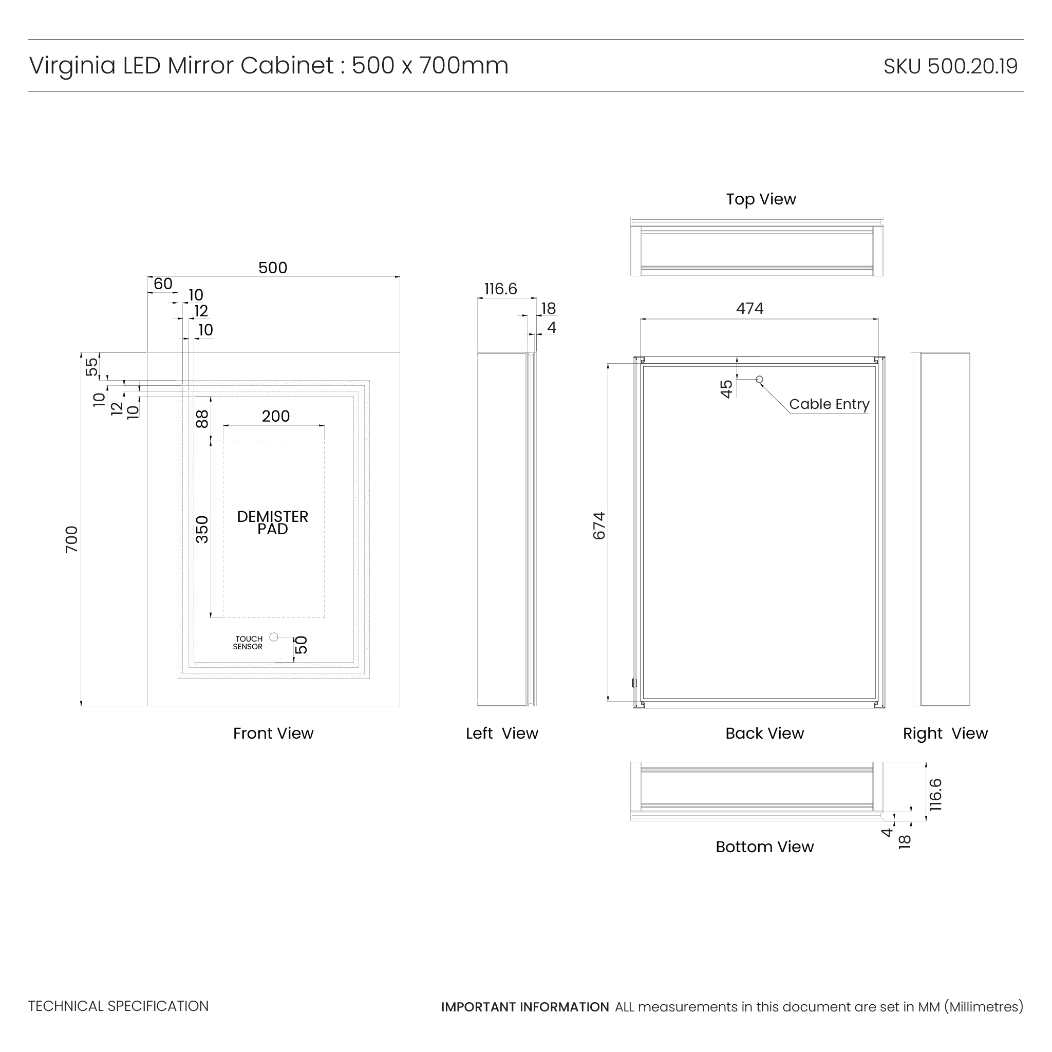 Virginia Touch 500x700mm LED Bathroom Mirror Cabinet